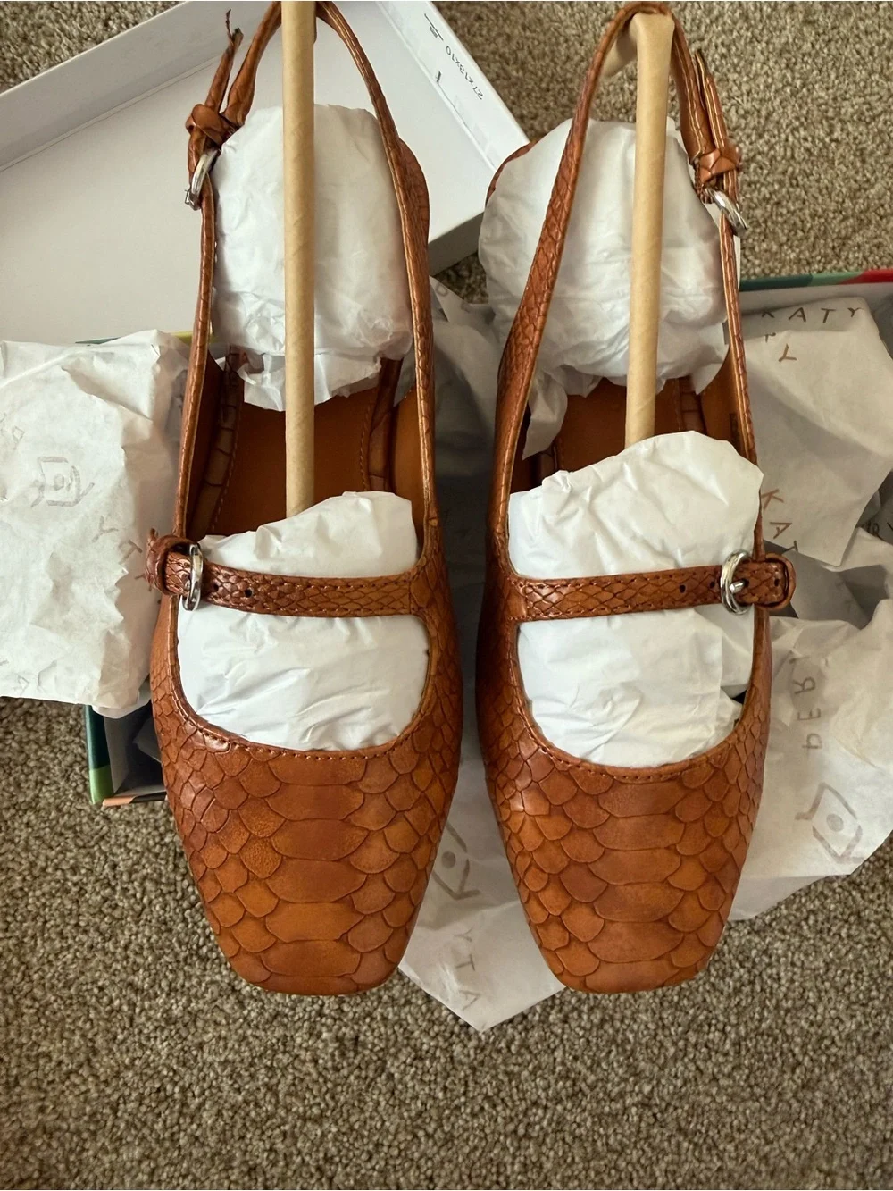 Katy Perry Collections Cognac Textured Square-Toe Buckle Flats